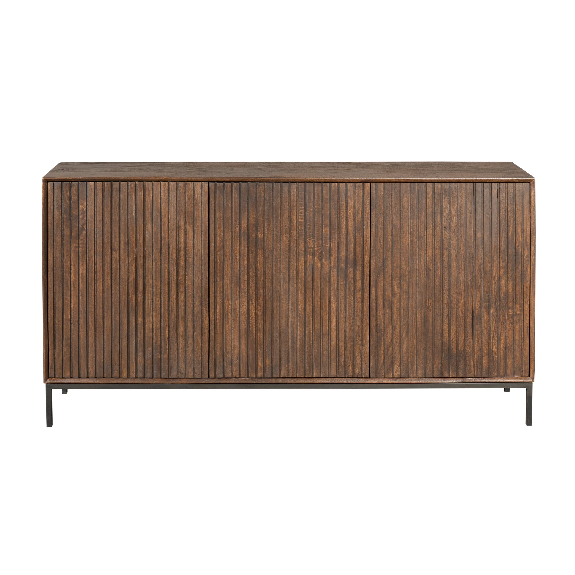 Sideboard Mandy Braun 165x45x85 cm – moderne Mangoholz Kommode mit Lamellenfront & schwarzem Metallrahmen