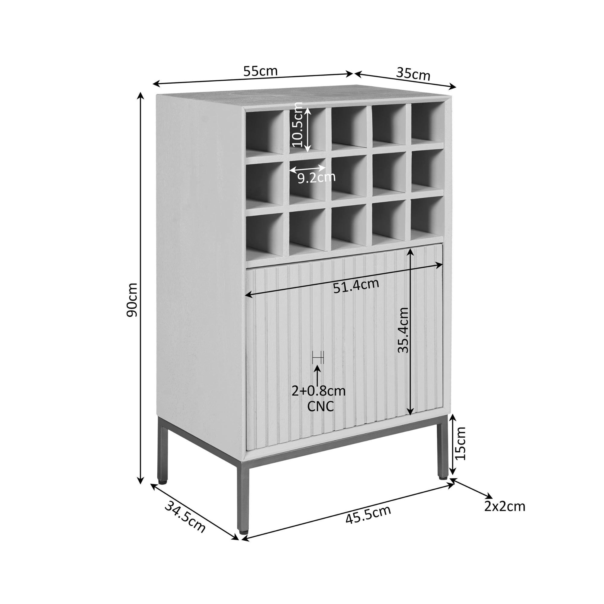 Weinregal Mandy Braun – Mangoholz mit Metallrahmen, Lamellentür & 15 Flaschenfächer, 55 x 35 x 90 cm
