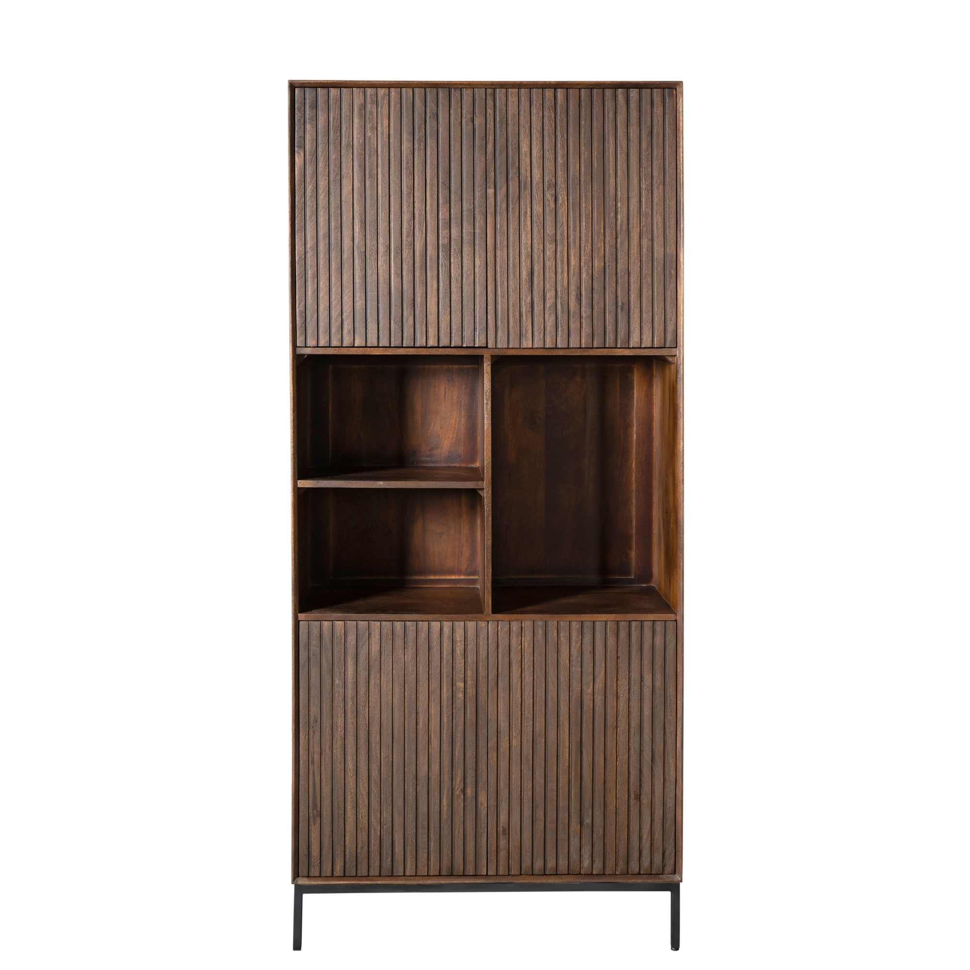 Stauraumschrank Mandy Braun – Mangoholz Schrank mit Metallrahmen & Lamellen-Design, 90×200×45 cm, 4 Türen & 3 offene Fächer