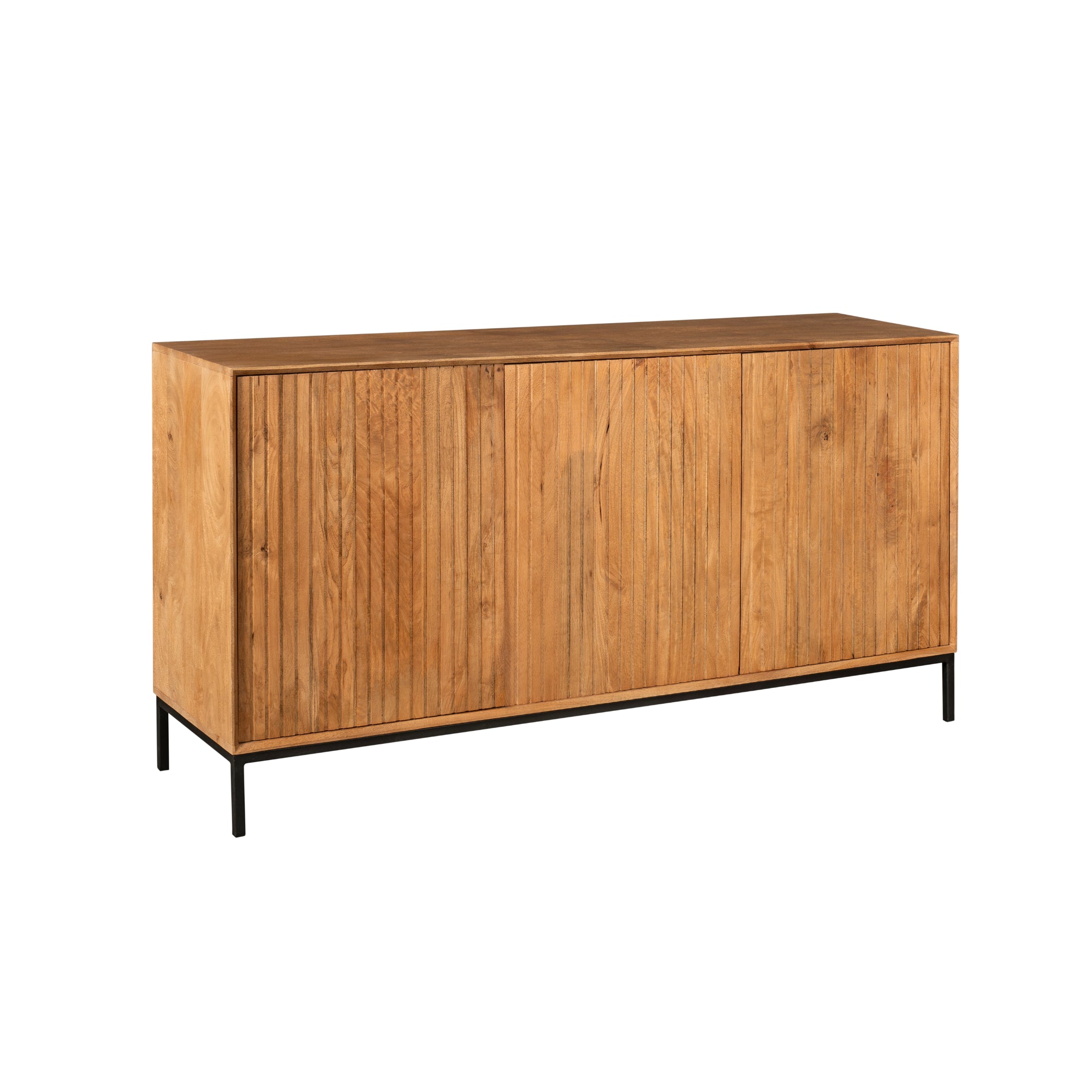 Sideboard Mandy Natur 165x45x85 cm – moderne Mangoholz Kommode mit Lamellenfront & Push-to-Open-System