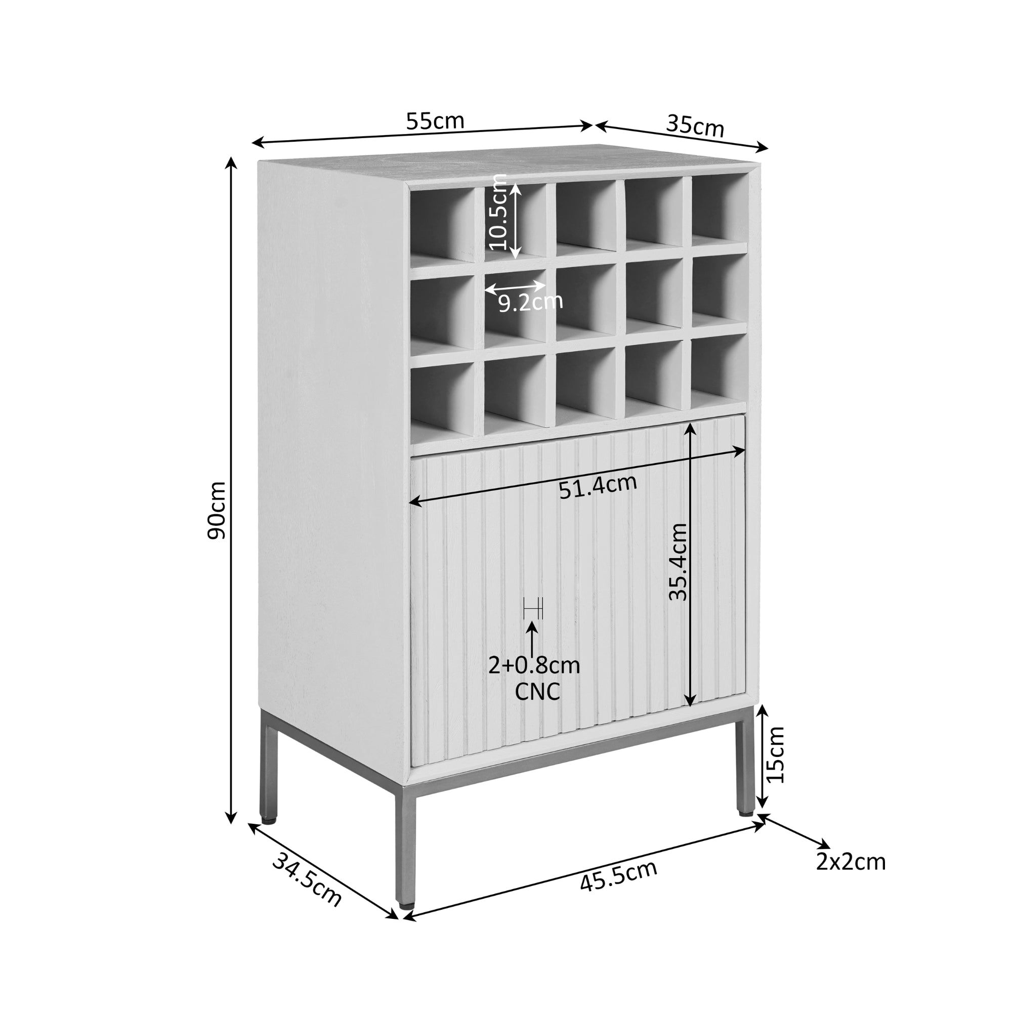 Weinkommode Mandy Natur – Weinschrank aus Mangoholz mit 15 Fächern & Tür mit Lamellenmuster, 55 x 35 x 90 cm