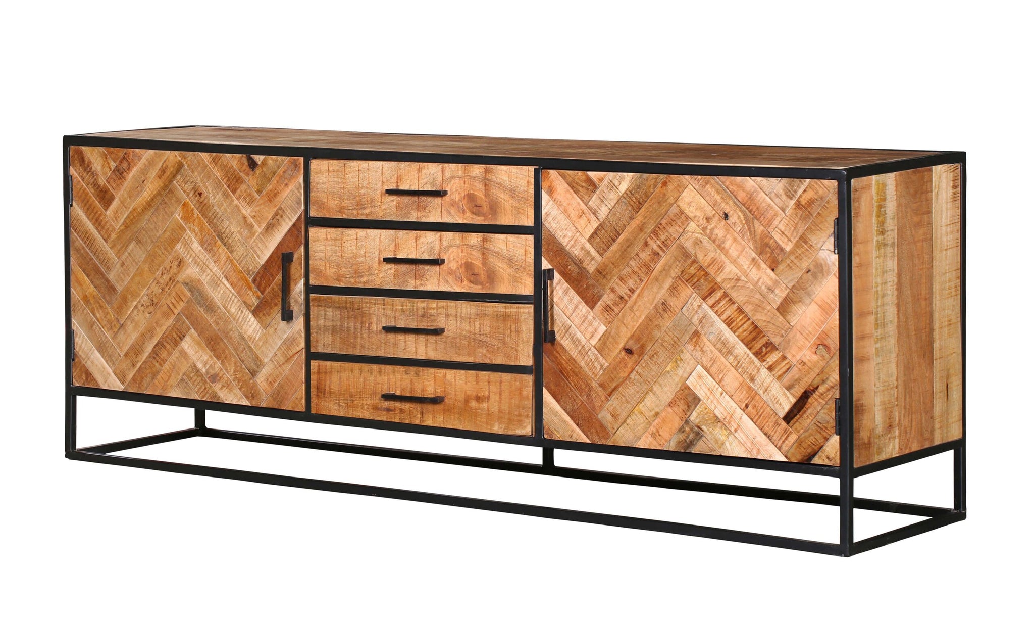 Sideboard Aloy – Kommode aus Mangoholz mit Fischgrät, lackiertem Metallrahmen, 2 Türen & 4 Schubladen, 210 x 45 x 75 c