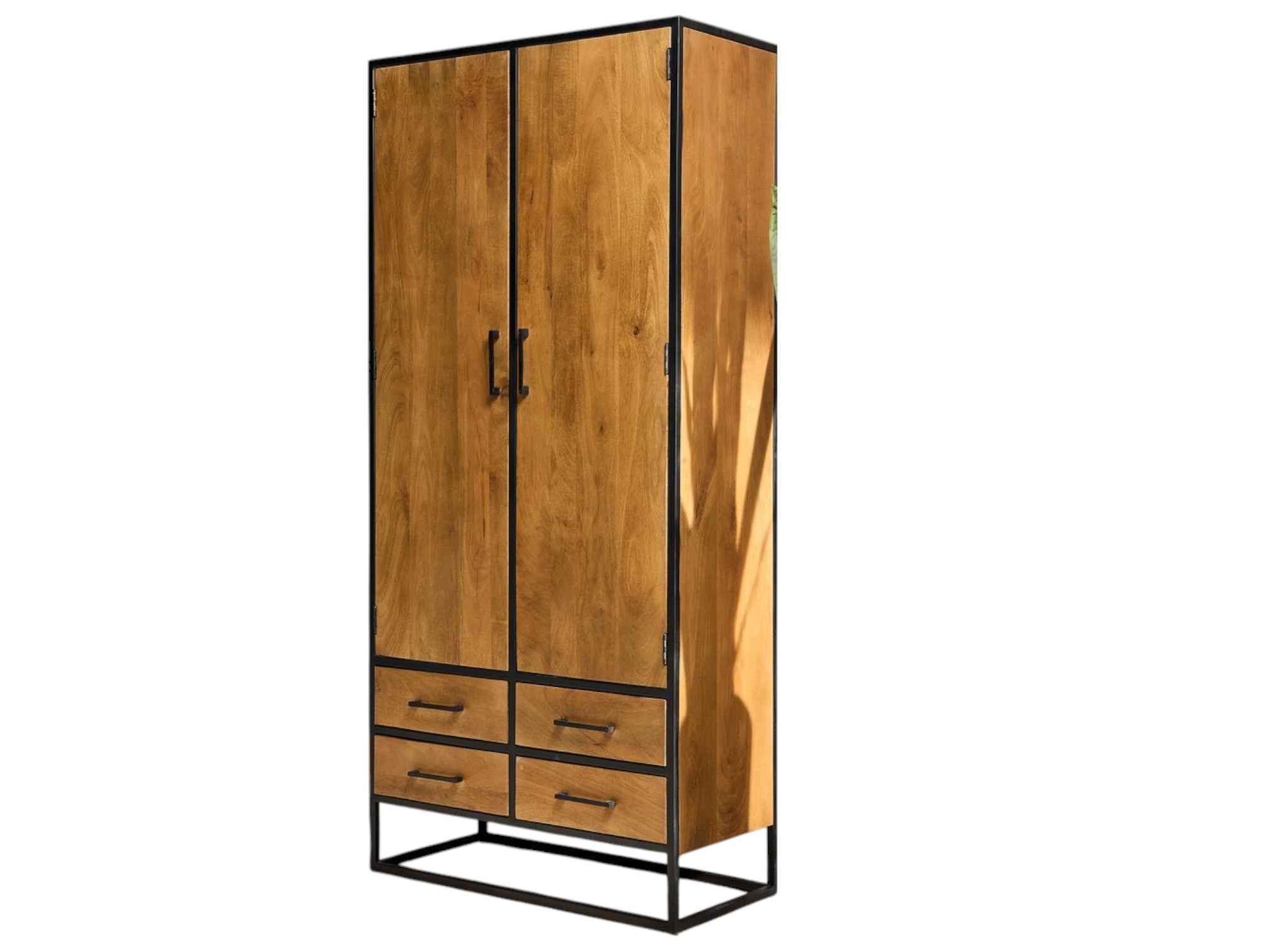 Delta Schrank – Massivholz Mangoholz & Metall Schwarz, 90 x 45 x 200 cm, mit 2 Türen, 4 Schubladen & 3 Regalen