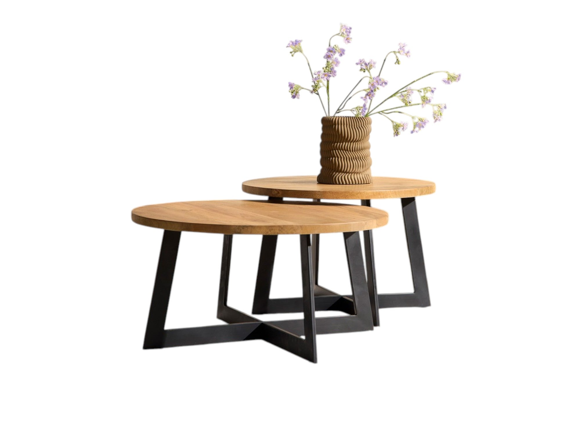 Couchtisch-Set Maro – Mangoholz & schwarzes Metallgestell, 2 Tische Ø70/60 cm
