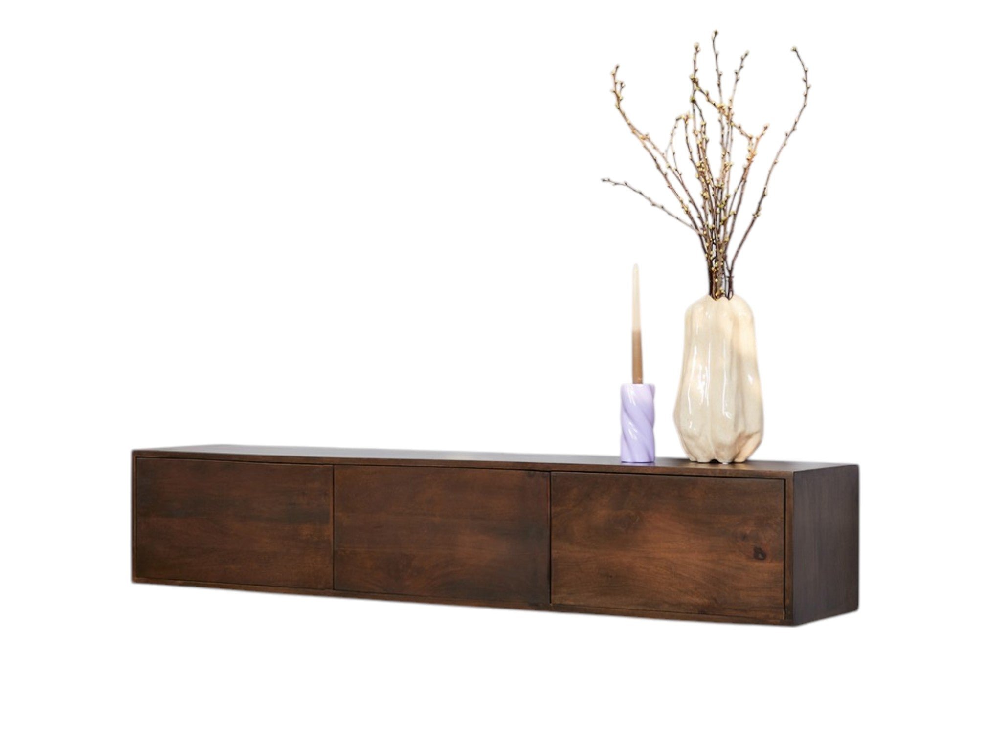 Schwebendes TV-Board Focus – Mangoholz Walnuss, Push-to-Open, 160 x 35 x 30 cm