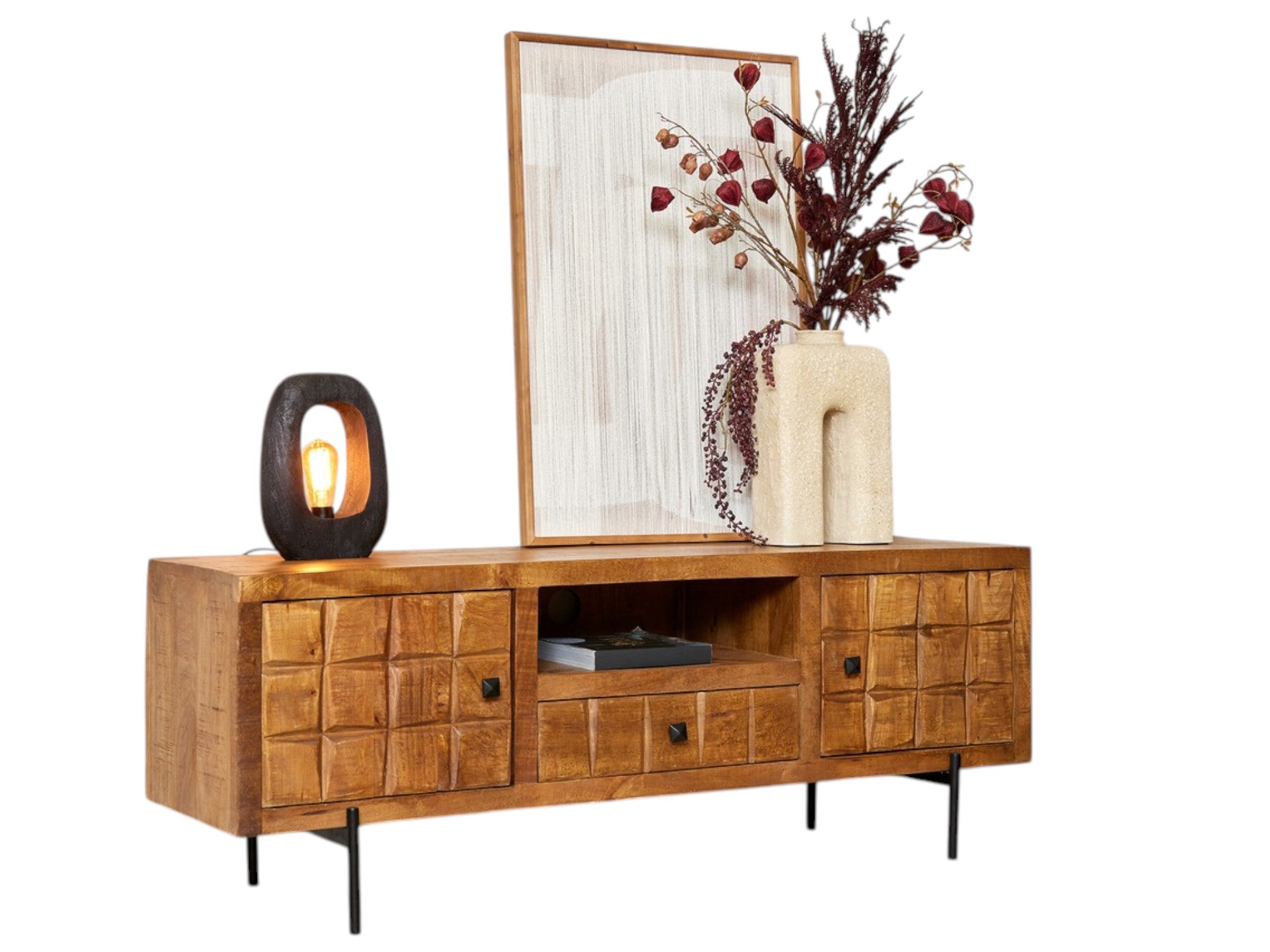 TV-Board Jacky – Mangoholz & Metall, 150 x 40 x 55 cm, mit Blockmuster
