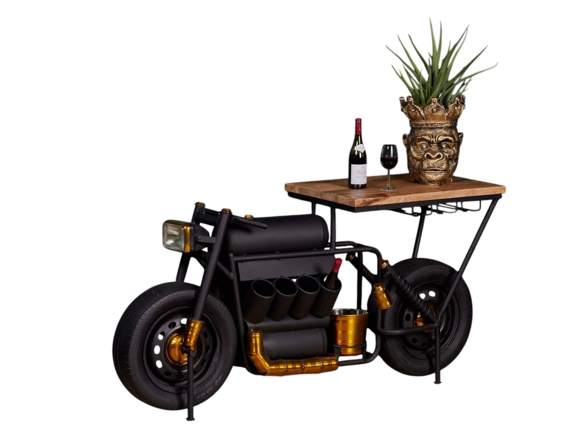 Barwagen Industrial Motorrad – Mangoholz & Metall, 175 x 43 x 84 cm