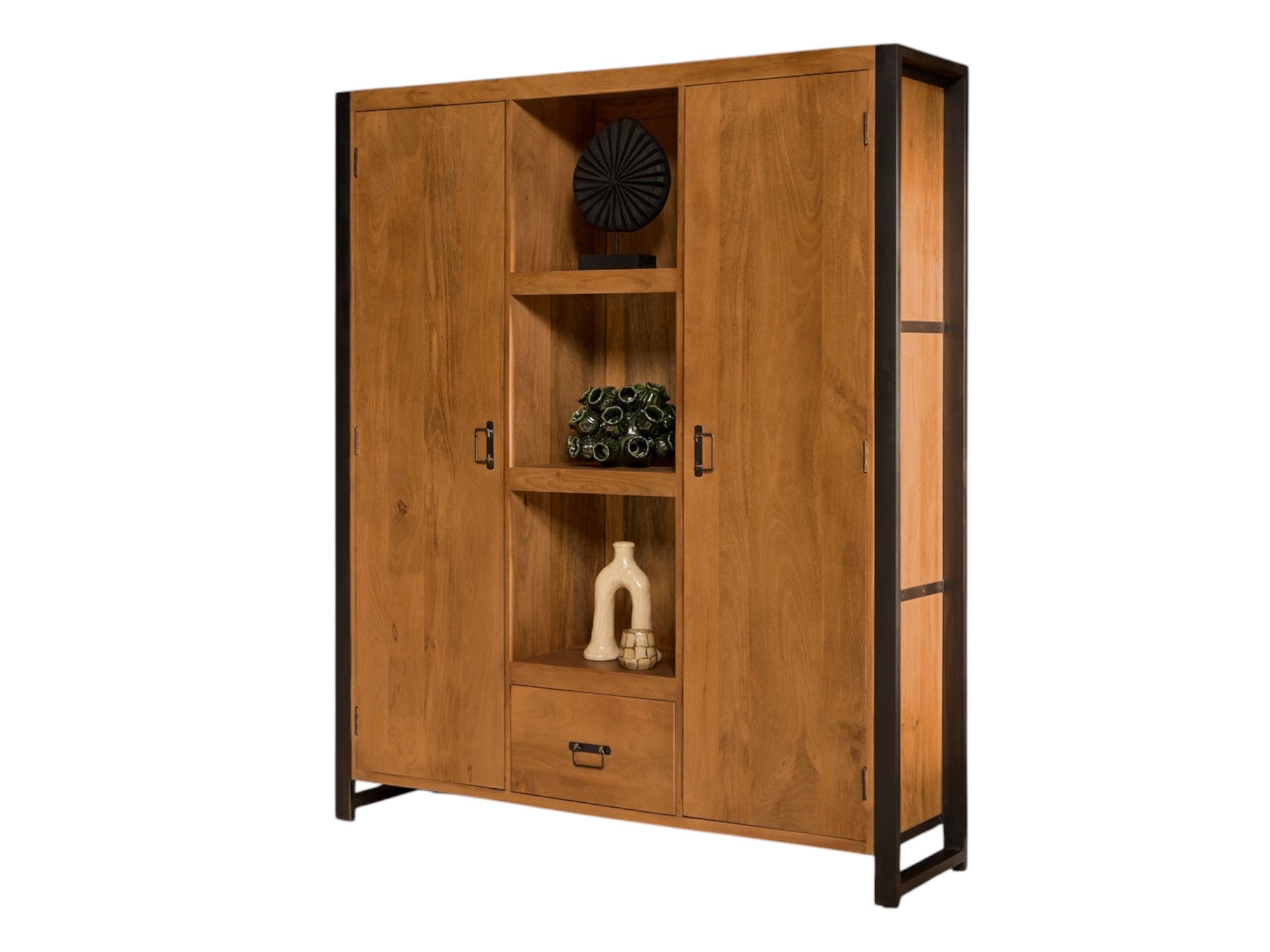 Bücherregal Bori – Mangoholz & Metall, 150 x 40 x 180 cm, 2 Türen, 1 Schublade, 3 Fächer, modernes Design