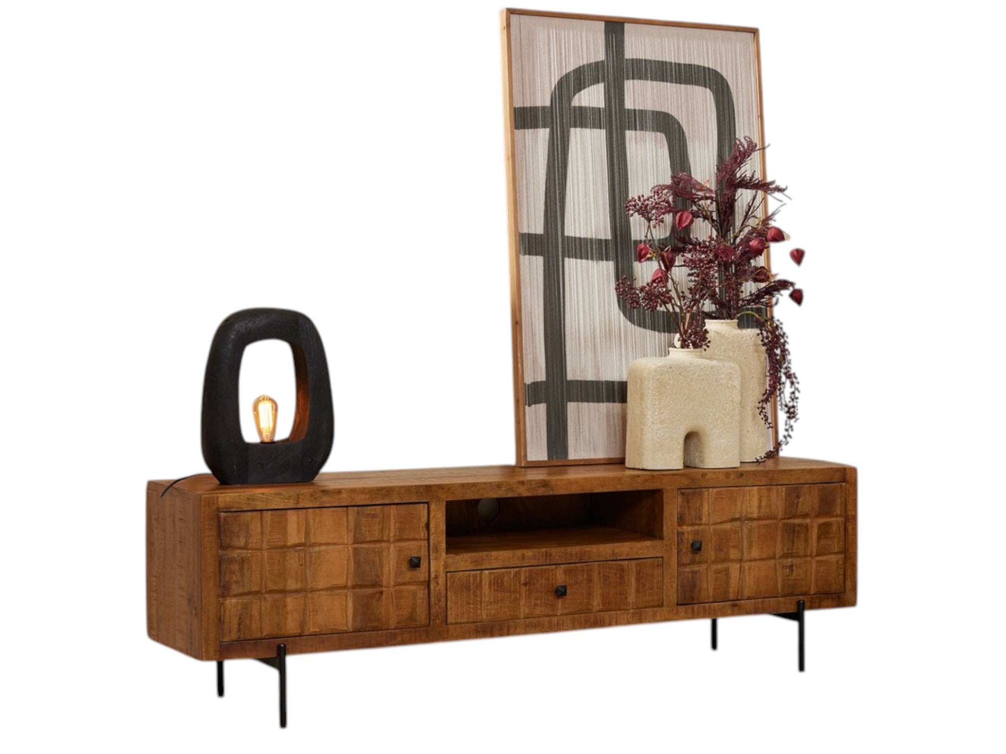 TV-Board Jacky – Mangoholz mit Blockmuster, 180 x 40 x 55 cm