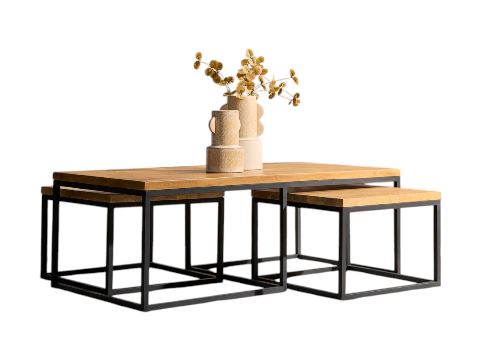 Couchtisch-Set Delta Schwarz – 3-teilig aus Mangoholz mit Metallgestell, platzsparend und modern, stilvoller Blickfang für jedes Wohnzimmer