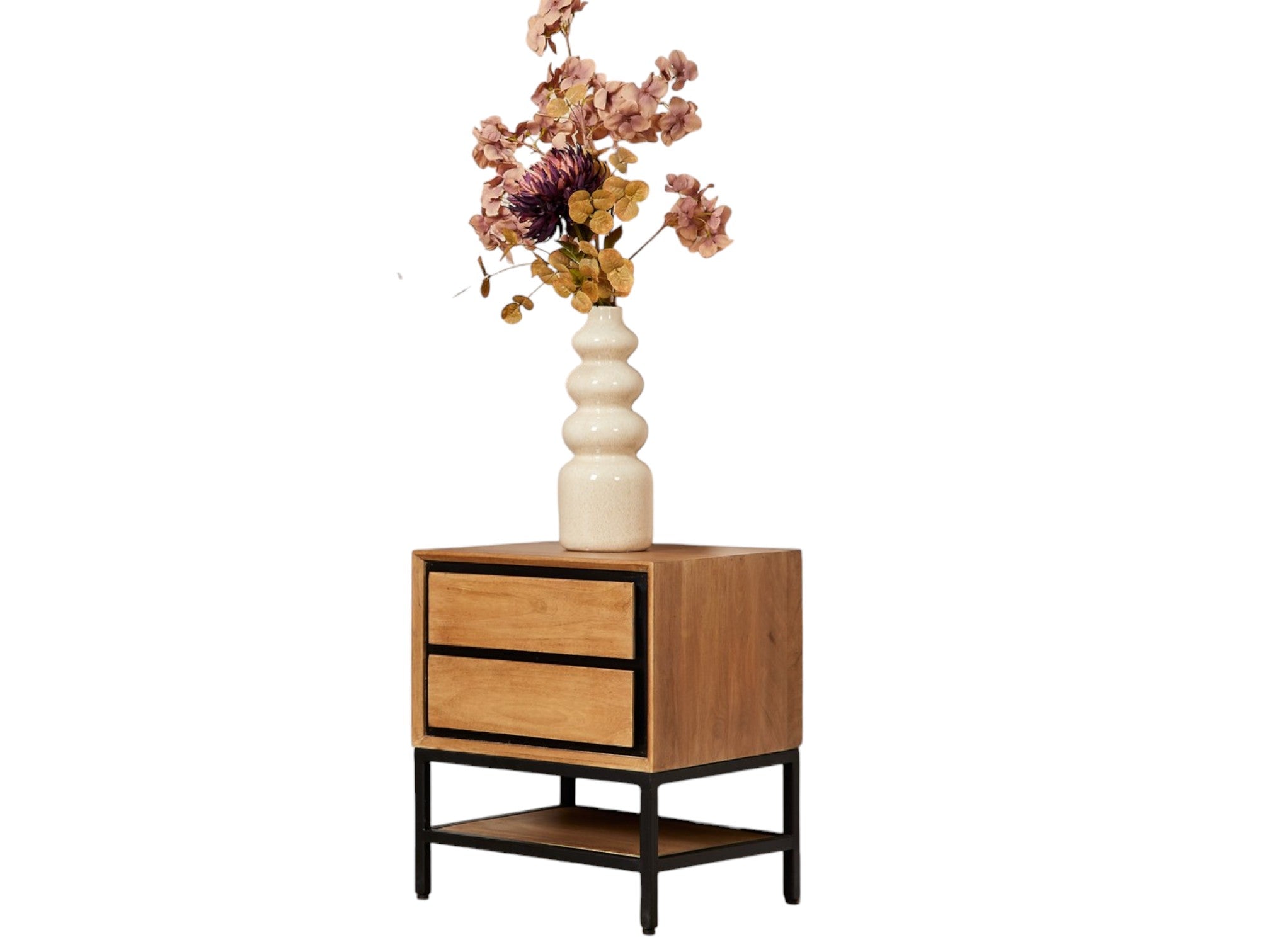 Nachttisch Rois – Mangoholz mit schwarzem Metallgestell, 2 Schubladen & offenes Fach, 45 x 40 x 53 cm