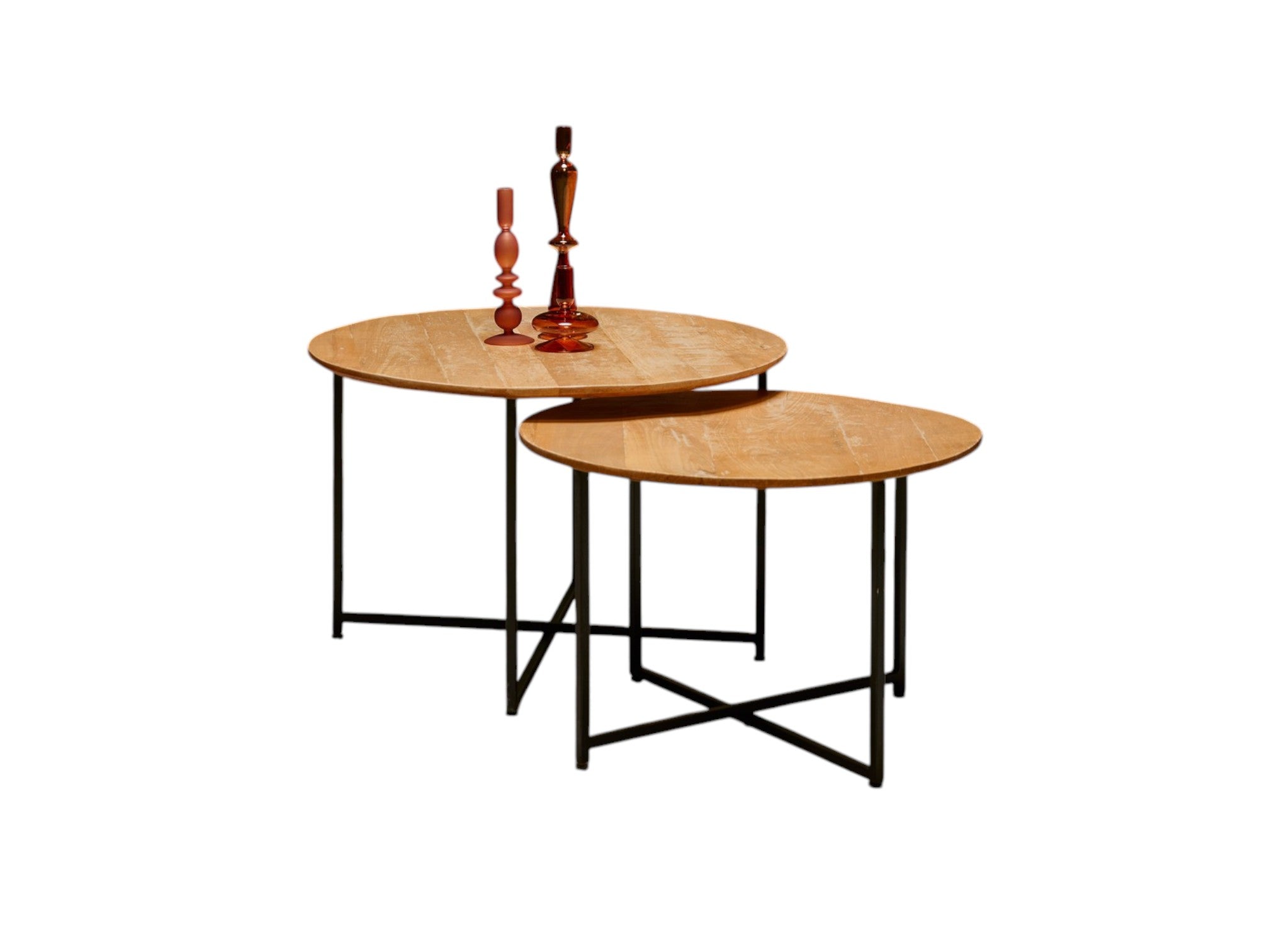 Couchtisch-Set Alora – Mangoholz & schwarzes Metallgestell, 2er-Set, Ø70/60 x 45/40 cm, modernes Design