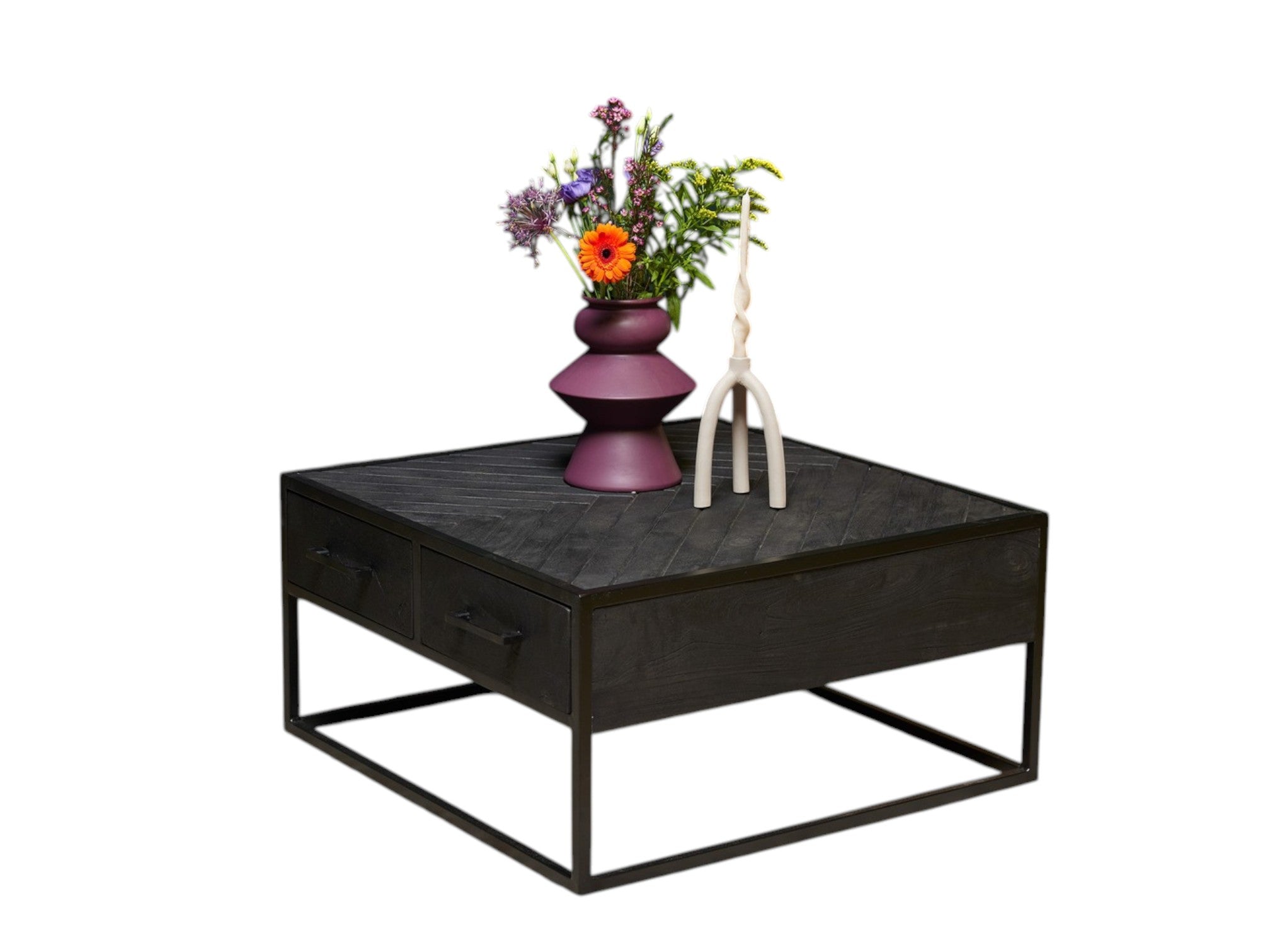 Couchtisch Sydney 80x80x40 cm – Quadratischer Mangoholztisch mit Fischgrätmuster & 4 Schubladen