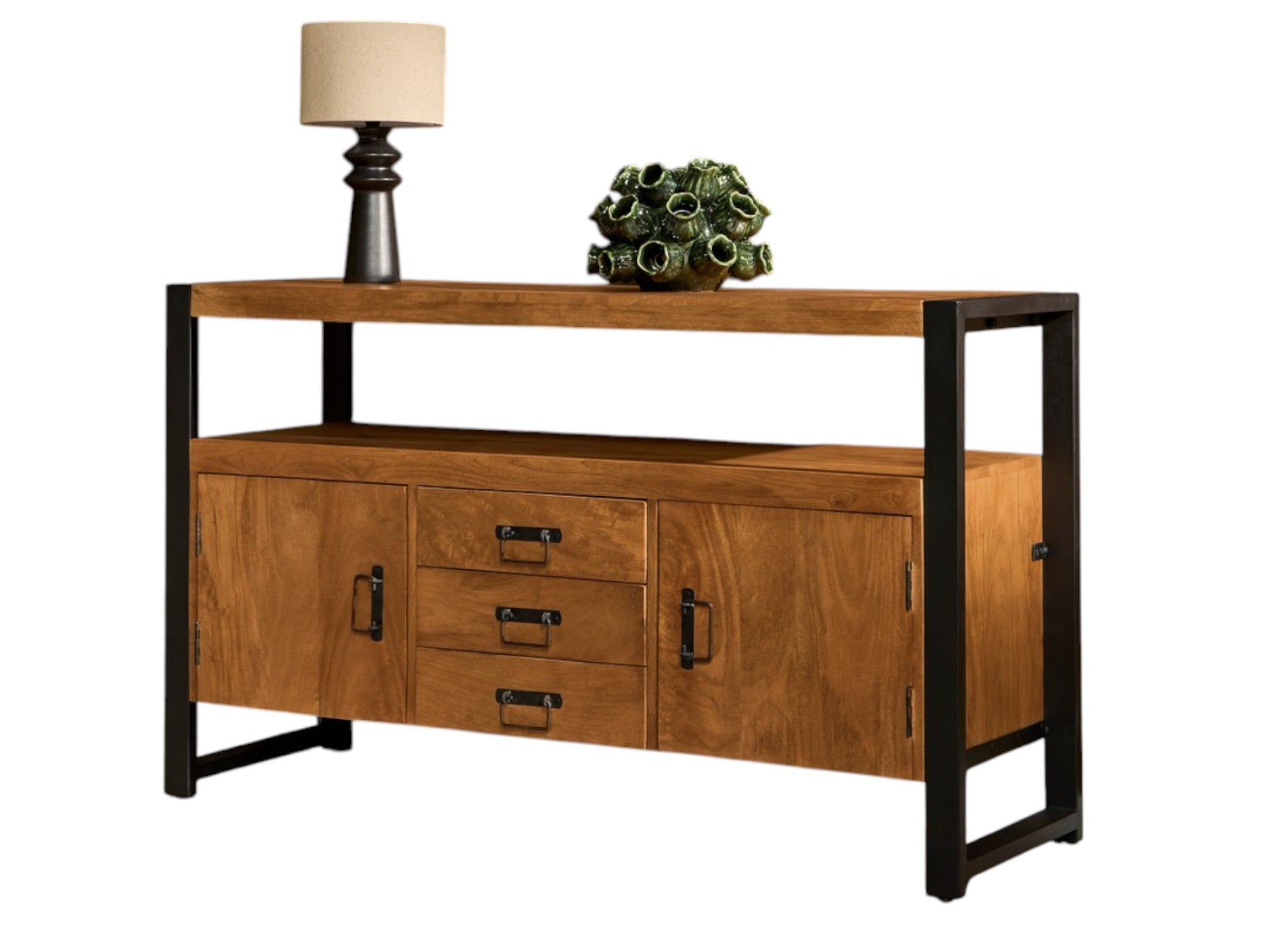 Sideboard Bori Natur – Mangoholz Kommode mit Metallgestell 135×45×80 cm