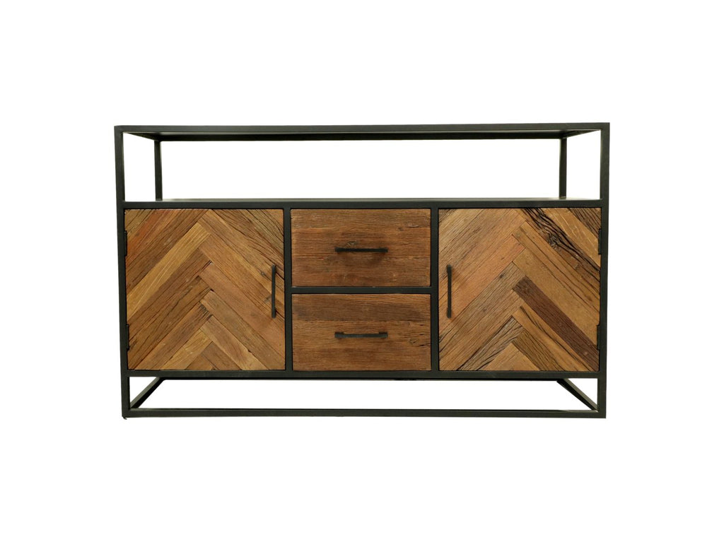 Dressoir Verona 2 Türen 2 Schubladen - 140x40x85 - Natur/Schwarz - Mangoholz/Metall