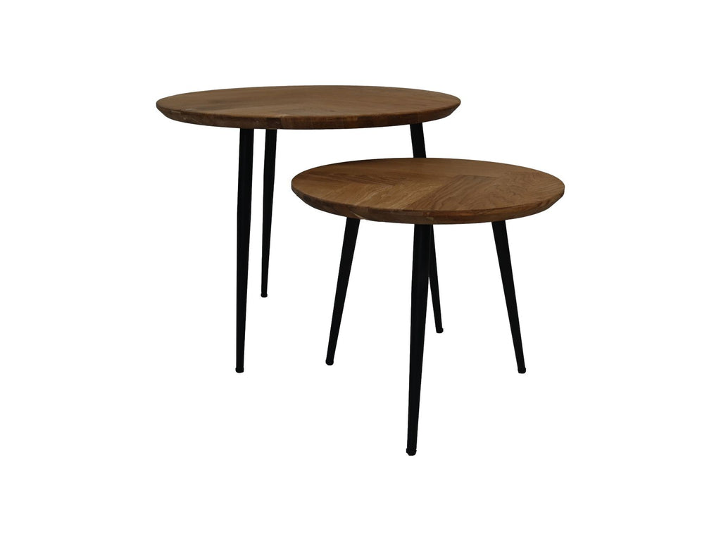 HSM Collection-Ronde Beistelltisch Fishbone S/2-ø60x49/ø45x39-Natur/Schwarz-Eiche/Metall