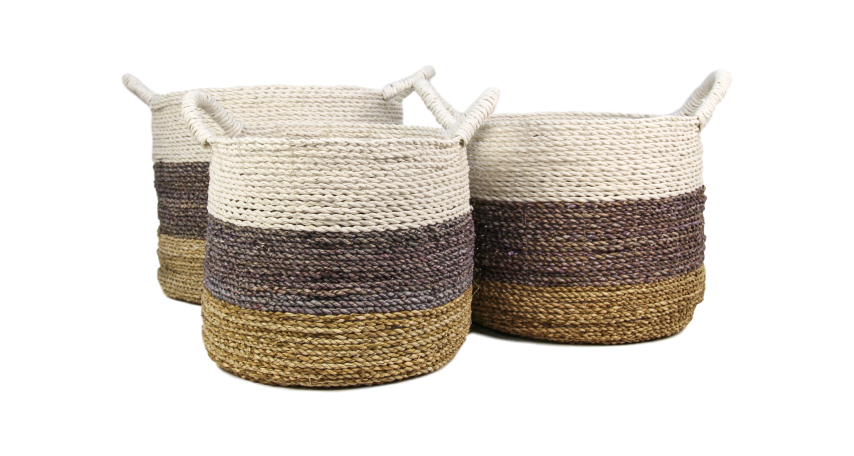 Mandenset Malibu - natur/purpur/weiß - Raffia/Seegras - Set von 3