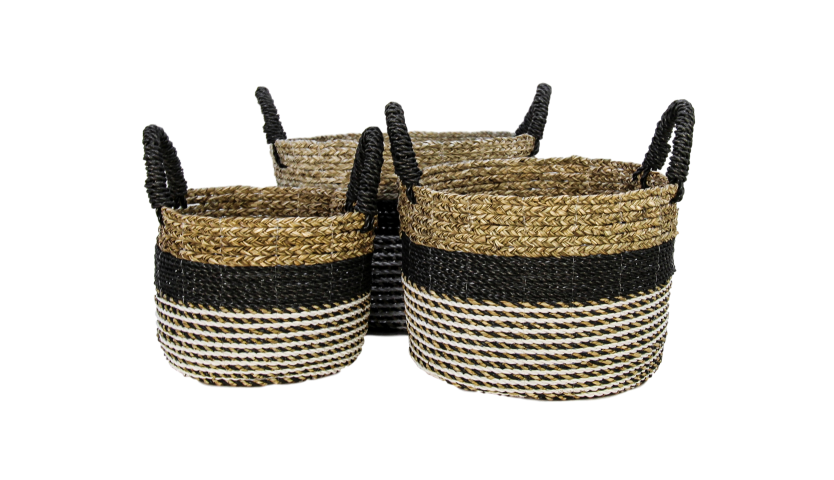 Mandenset Malibu - schwarz/natur/weiß - Raffia/Seegras - Set von 3