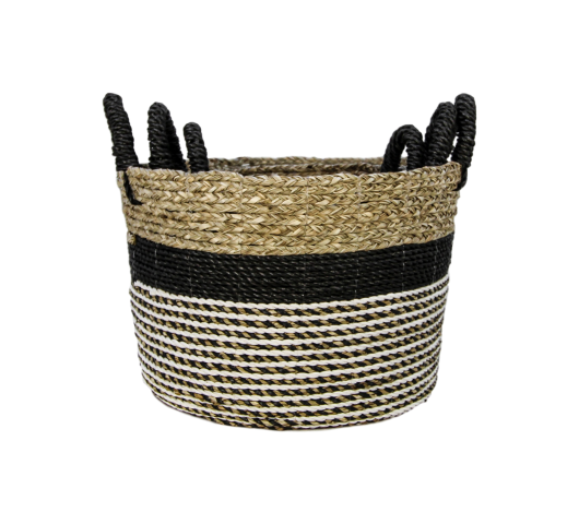 Mandenset Malibu - schwarz/natur/weiß - Raffia/Seegras - Set von 3