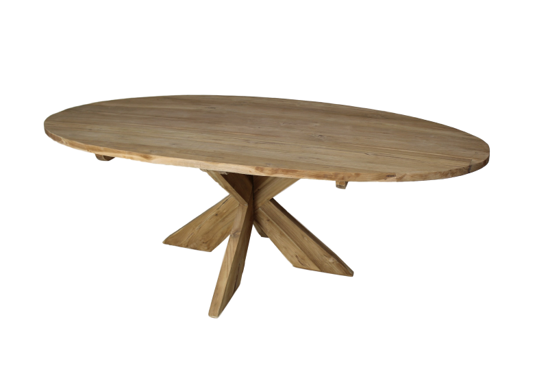 Ovaler Esstisch mit Kreuzbein - 180x100 cm - naturbelassen - Teak