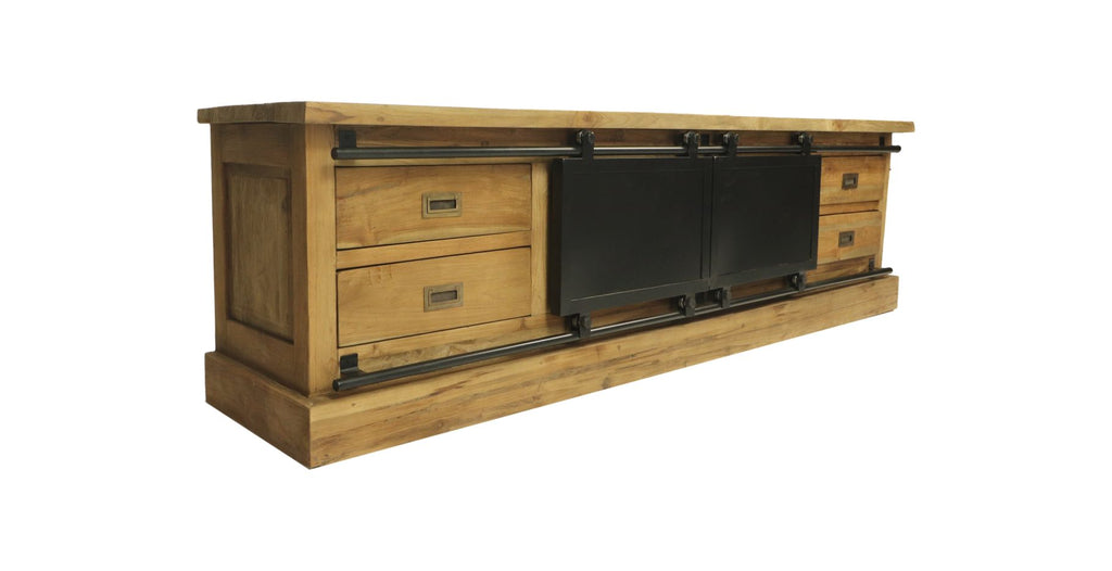 TV-Möbel Blackburn - 200x42x57 - Natur/Schwarz - Recyceltes Teakholz/Metall