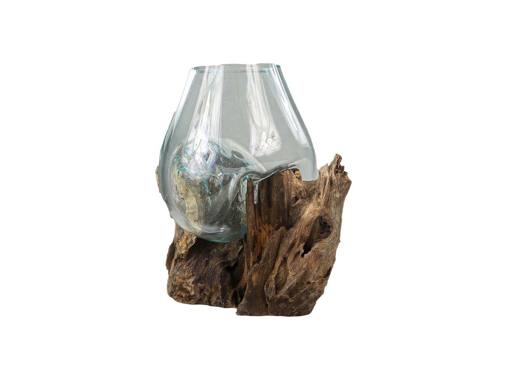 Vase auf Wurzelholz - ø30x23 - Natur - Teakholz/Glas