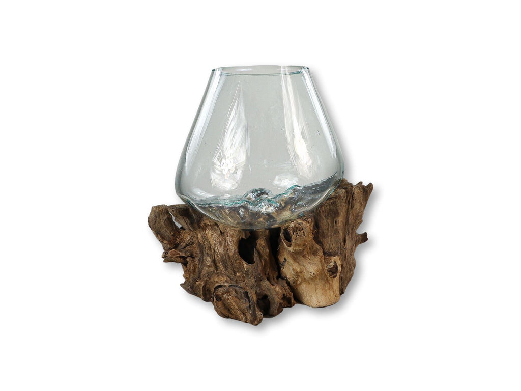 Vase auf Wurzelholz - ø30x23 - Natur - Teakholz/Glas