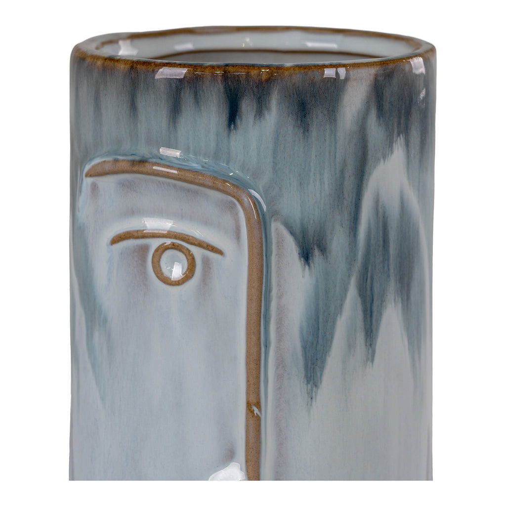 Vase - Vase aus Keramik, zweifarbig blau, mit Gesicht, rund, Ø9,5x17 cm