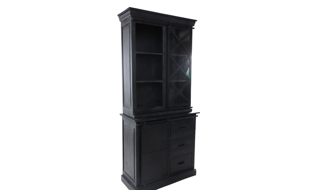 HSM Collection-Vitrine Melbourne 2 Tür 3 Regal-95x45x195-Schwarz-Mango/Metall