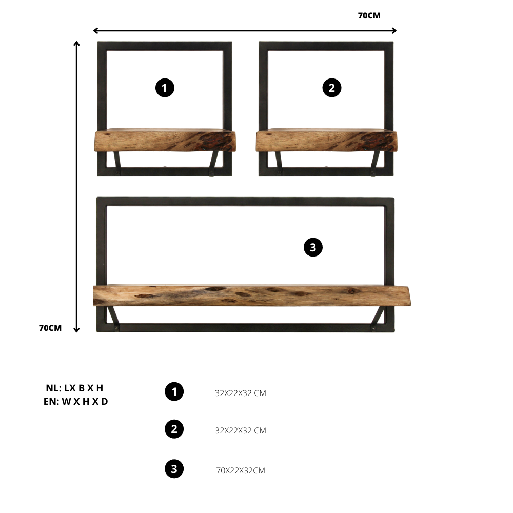 Wandregale Levels Live Edge - 70x22x70 - Natur/Schwarz - Akazie/Eisen