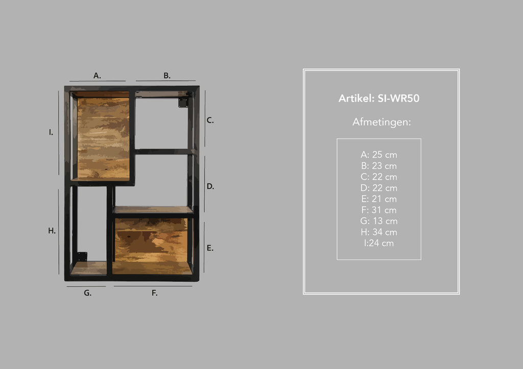 Wandregal Ebenen - 50x20x75 - Mangoholz/Eisen